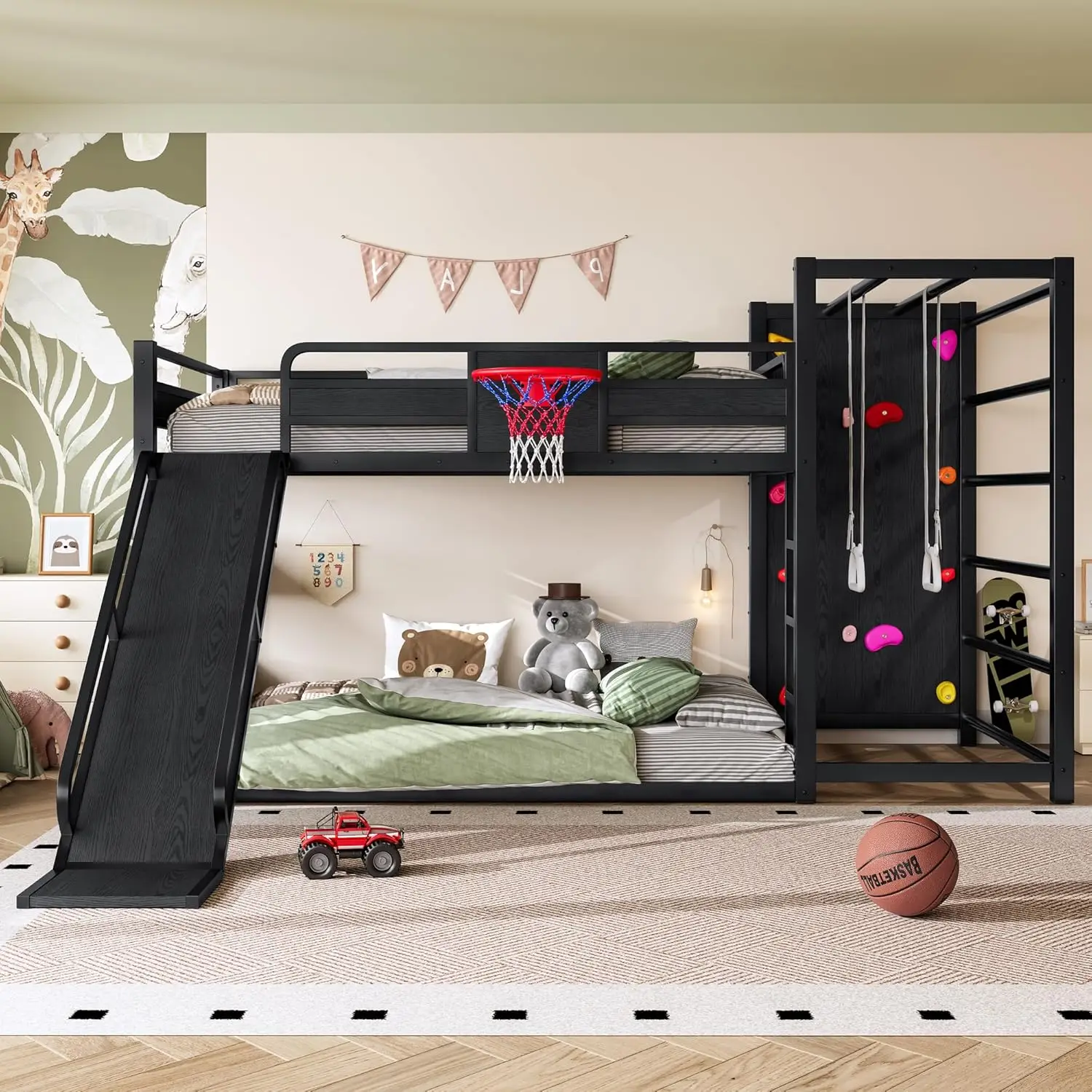 Full Loft Bunk Bed with Hoop Rings Climbing Wall Slide Bookshelf Heavy Metal Kids Play Black
