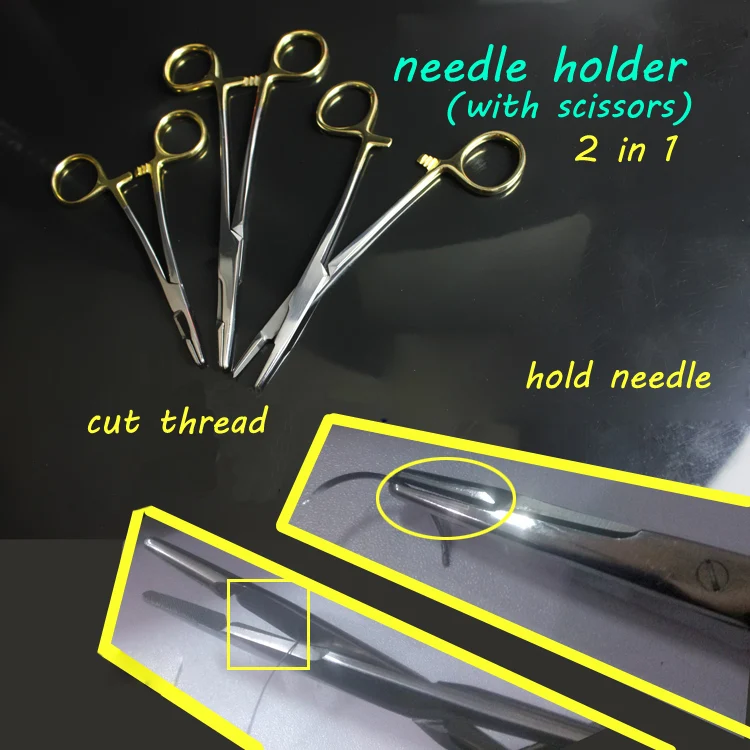 Medical instrument gold handle self-retaining needle holder &wire cutter 2in1 high quality scissors