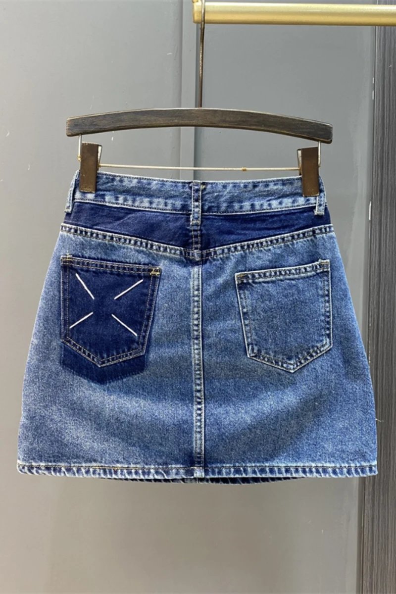 Imagem -06 - Estilo Europeu 2023 Primavera Nova Moda Bolso Cor Bloco Denim Saia Curta Feminina Cintura Alta Emagrecimento A-line Bainha Saias