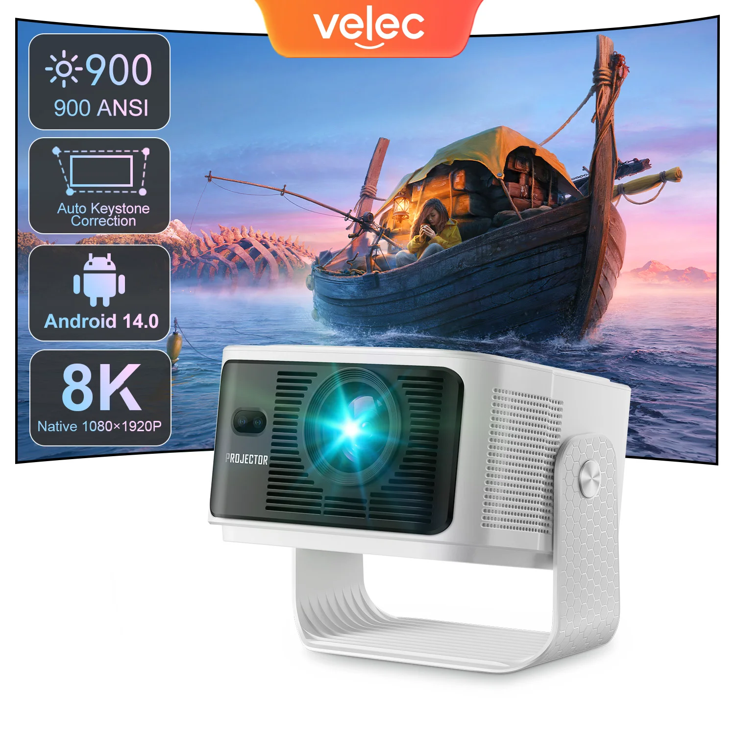 Velec HY350 MAX 900 ANSI 1080P 8K Projector Android 14 Auto Focus Portable Projector Outdoor Home Movie Projector WIFI6 BT5.4