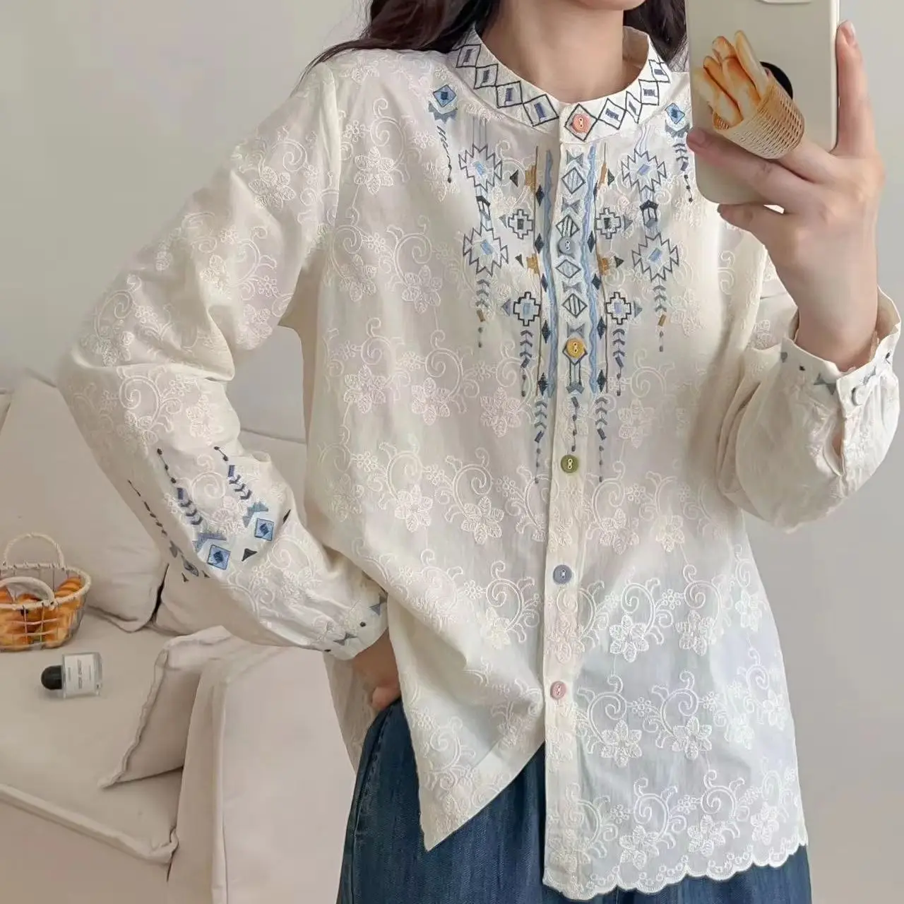 Chemisier de style ethnique bohème pour femmes, chemises brodées rétro à manches longues, haut de chemise de vacances en coton, vêtements Boho