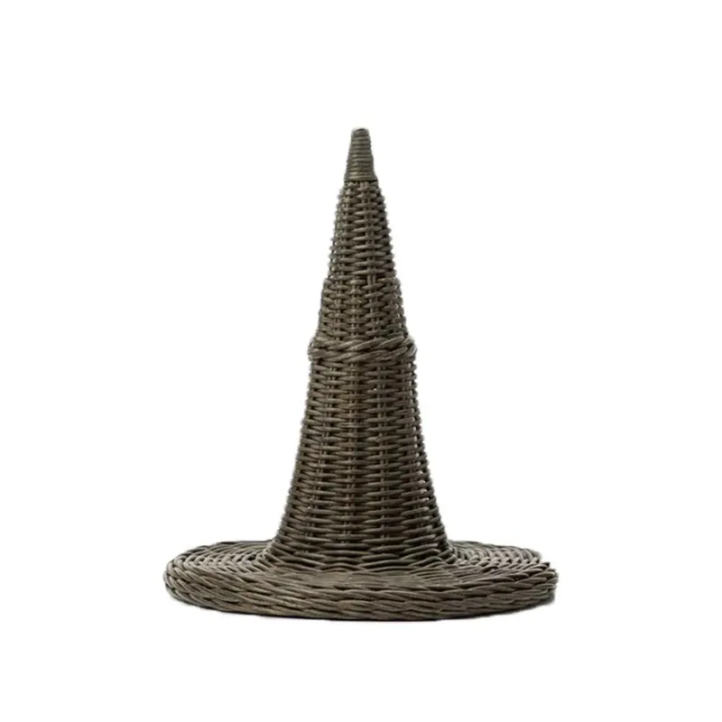 Imitation Rattan Christmas Hat - Woven Wizard Pointed Hat with LED Lights, PE God Holiday Tree Skirt Flower Decor