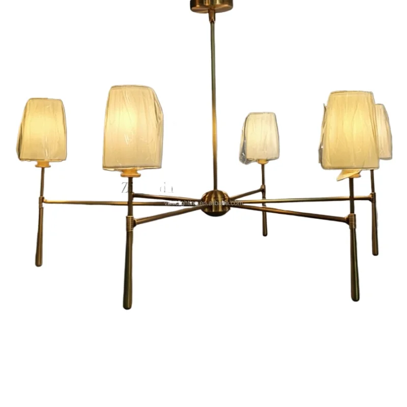 Chandelier, modern brass lighting, cup-shaped linen shade, handmade steel round retro lamp