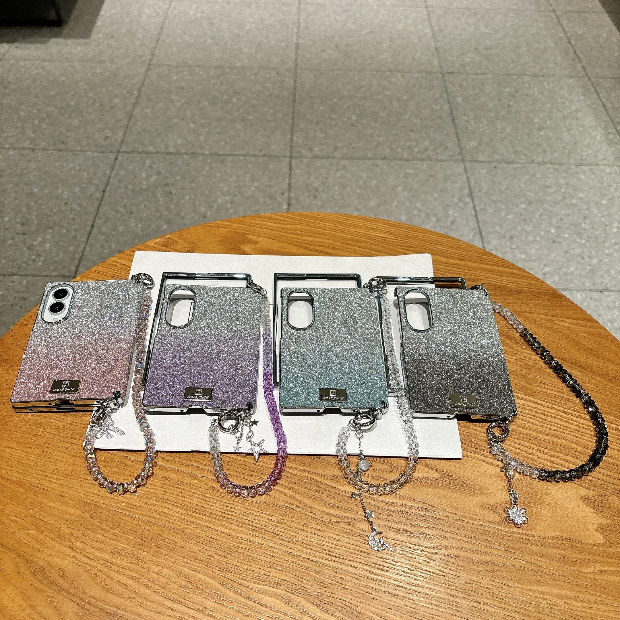 Luxury Fashion Gradient Glitter Leather Phone Case for Samsung Z Fold 8 Wide Hinge Protection Shockproof With Wrist Strap Cover view 6