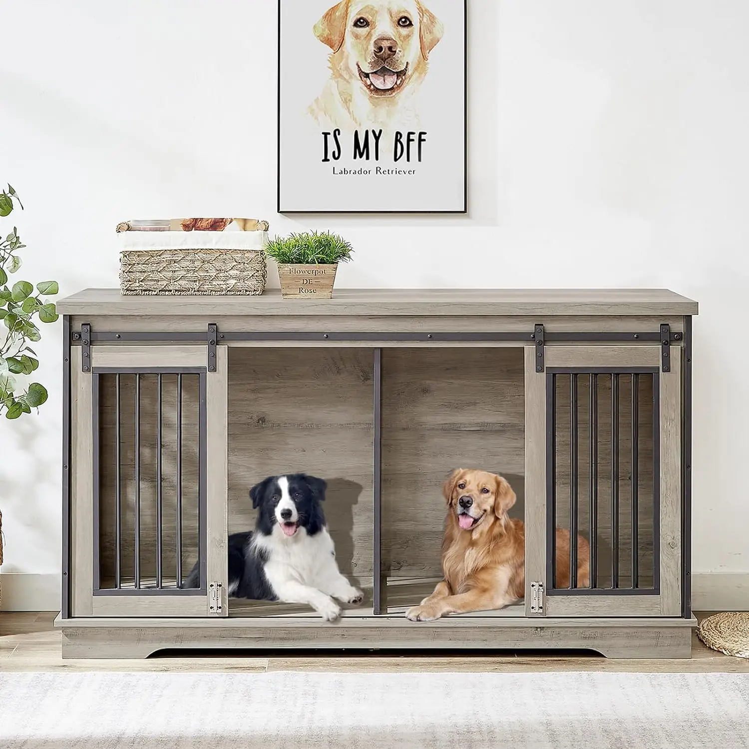 

Large Double Dog Kennel Furniture TV Stand, Furniture Style Dog Crate End Table, Wood Crates for Dogs Kennel Indoor