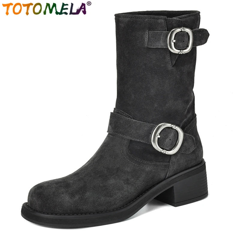 

TOTOMELA 2025 New Cow Suede Leather Ankle Boots Women Buckle Handmade Retro Women's Motorcycle Boots Autumn Winter Shoes