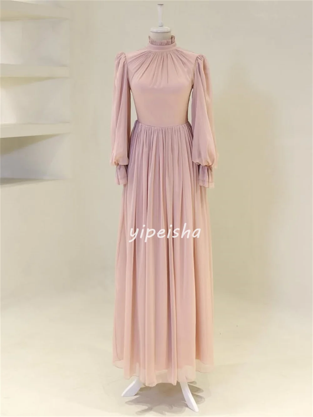 Customized High Quality Matching Chiffon Rhinestone Pleat Straight High Collar Long Dresses Bespoke Occasion Dresses Elegant