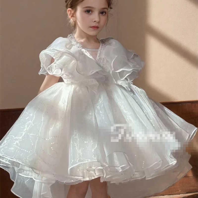 Kids Girls White Birthday Princess Dress Children Puffy Tulle Gown with Pageant Formal Celebration Long Train Host Performance