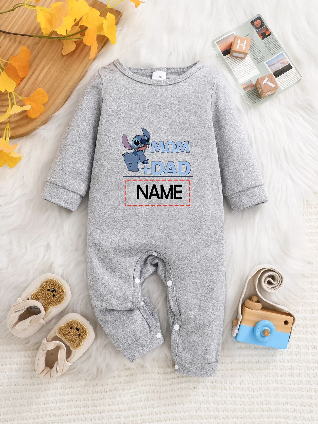 

[Officially Licensed] Disney Stitch Baby Long-Sleeved Onesie, Customizable with Name, Soft and Easy-Care Fabric