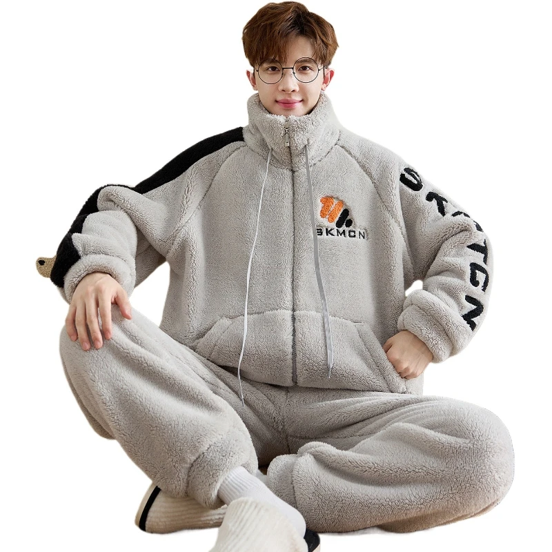 Autumn and Winter Stand-up Collar Loungewear Men's Pajamas Thickened and Velvet Coral Velvet Teen College Students Men's Styles