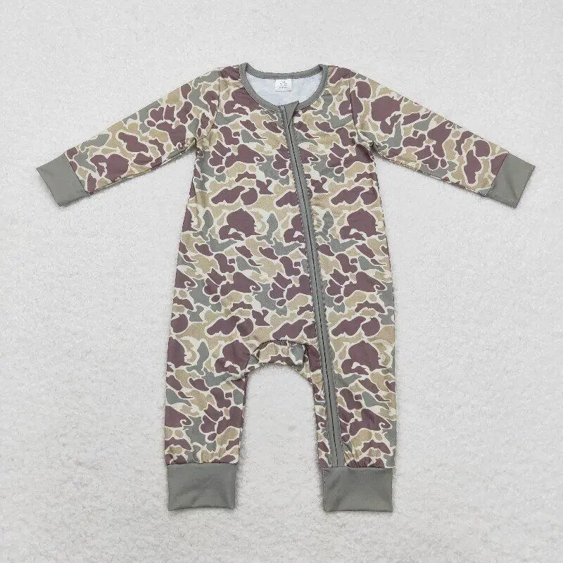 Wholesale RTS Long Sleeve infant Baby Boy Rompers one pieces Camouflage zip sleeper baby boy clothes children clothing