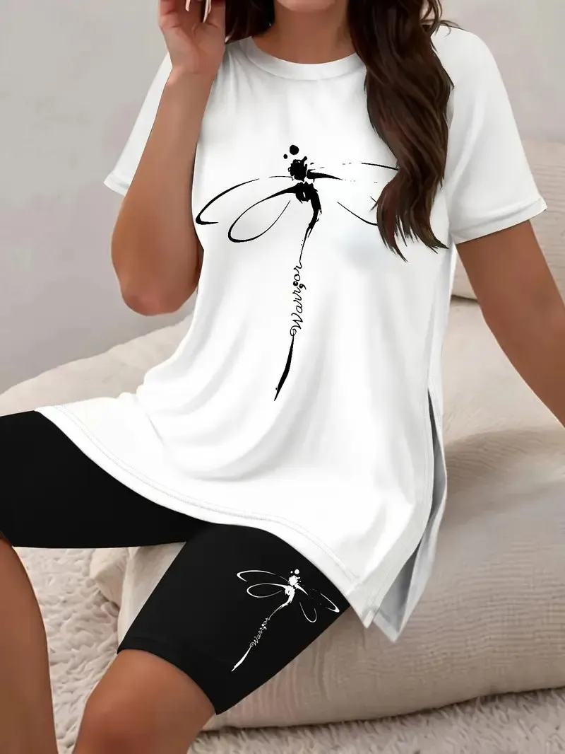 Women's Casual Two-Piece Set - Dragonfly Print with Side Slits, Fashionable Short-Sleeve Top + Shorts Set, Suitable for Daily Wear and Vacation Outfits