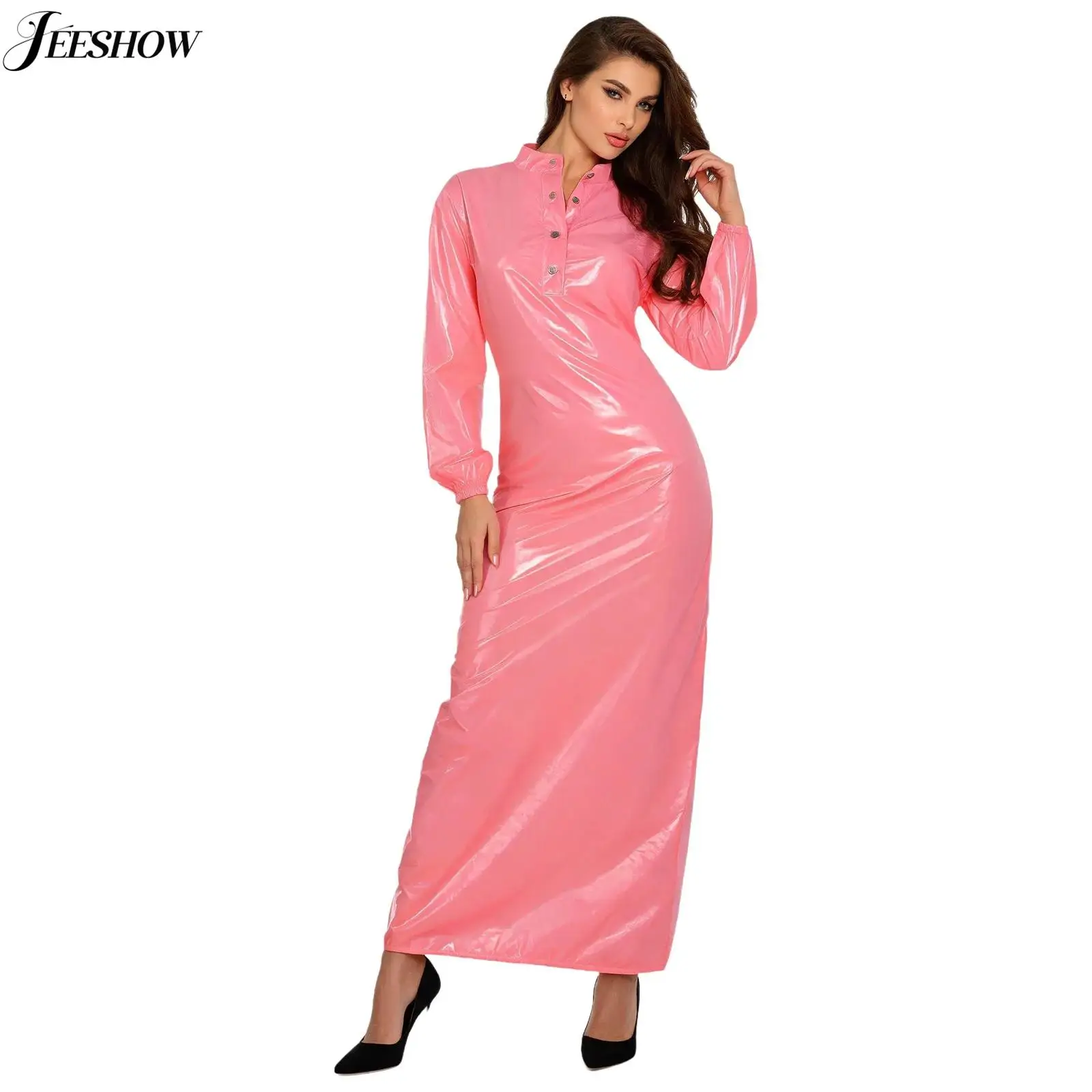 Wasserdichtes Maxikleid für Damen mit Stehkragen, Langarm, Einfarbiges Schlafkleid, Nachthemd, Nachtwäsche