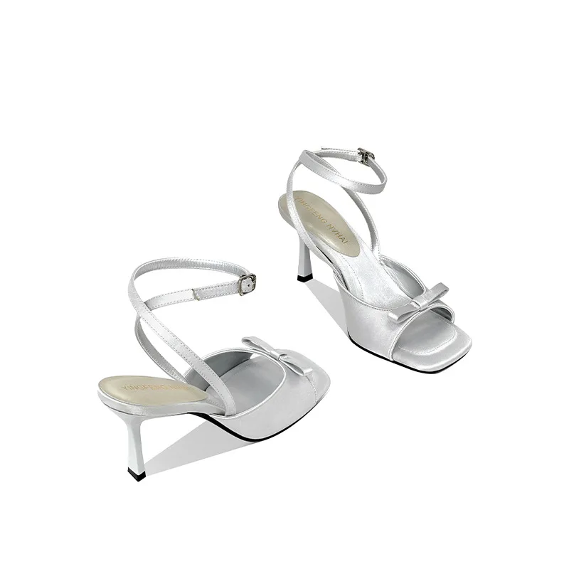 

French Summer New Small Sandals Square Toe Bow Princess Shoes High Heeled Women's Sandals