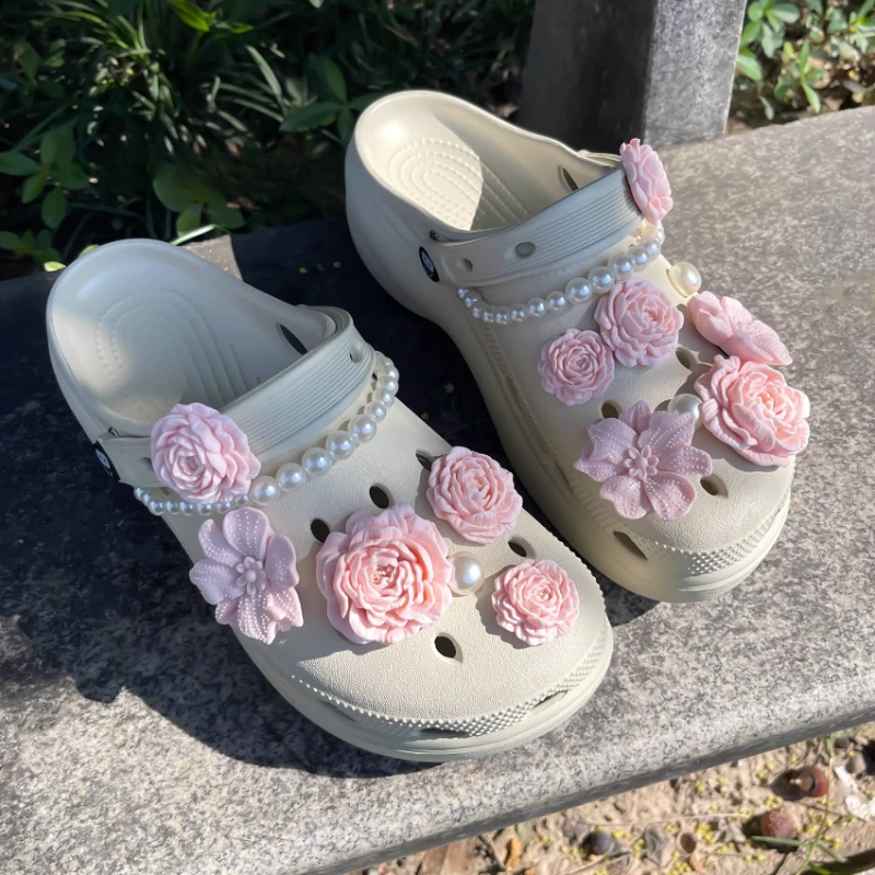 

MINISO Sunset Pink Floral Shoe Charms Set for Elegant 3D Flower Pearl Accessories Aesthetic DIY Shoe Decor for Women Girls
