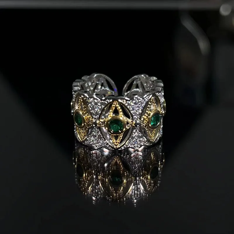 

Vintage Vintage Two-tone Gold Venetian Tears Green Diamond Stud Earrings French Medieval Emerald Star and Moon Eye Ring