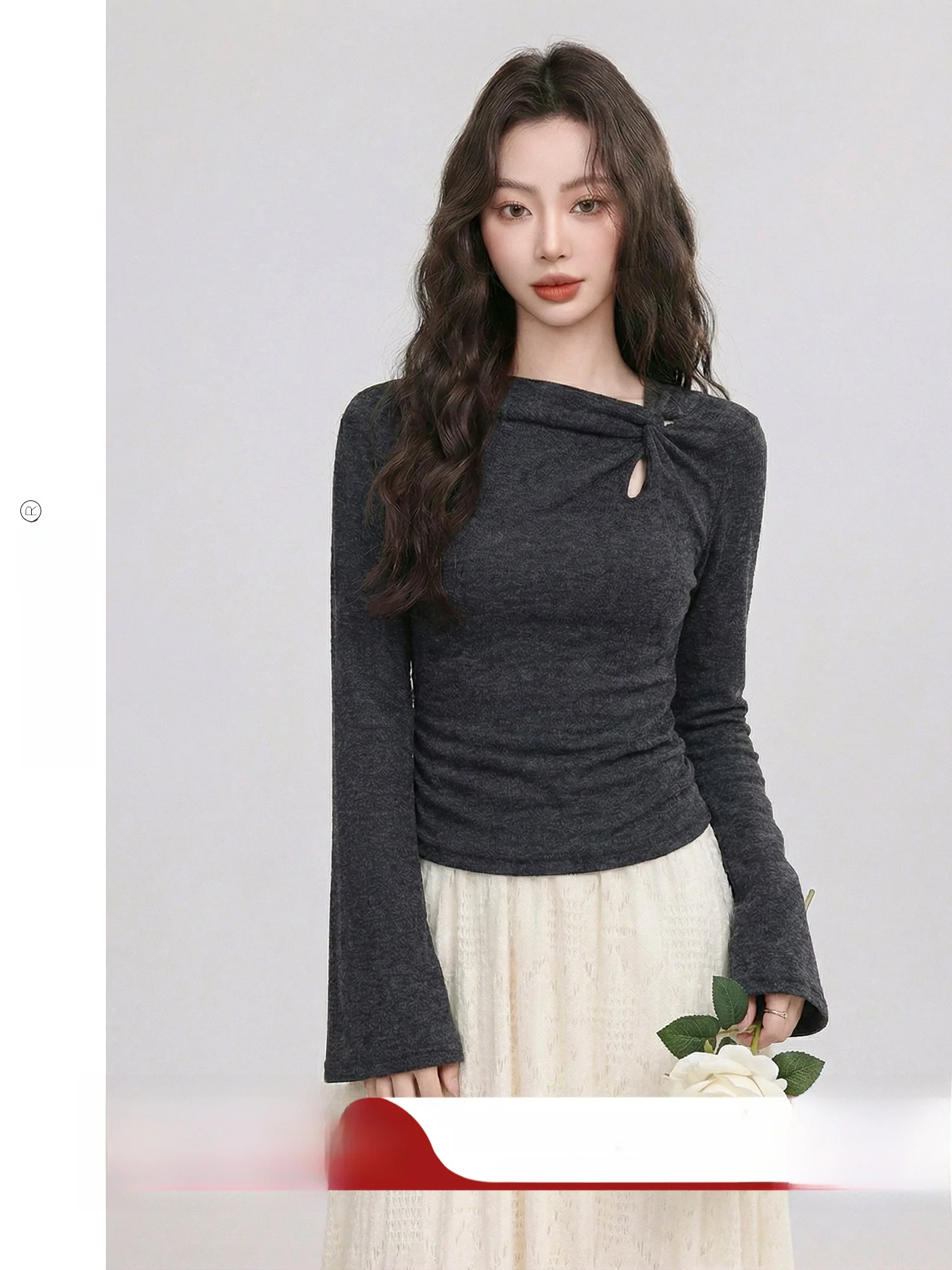 

Slim Fit Long Sleeve T-Shirt Women's Knot Design Spring New Korean Style Breathable Comfortable Polyester Blend Casual Top