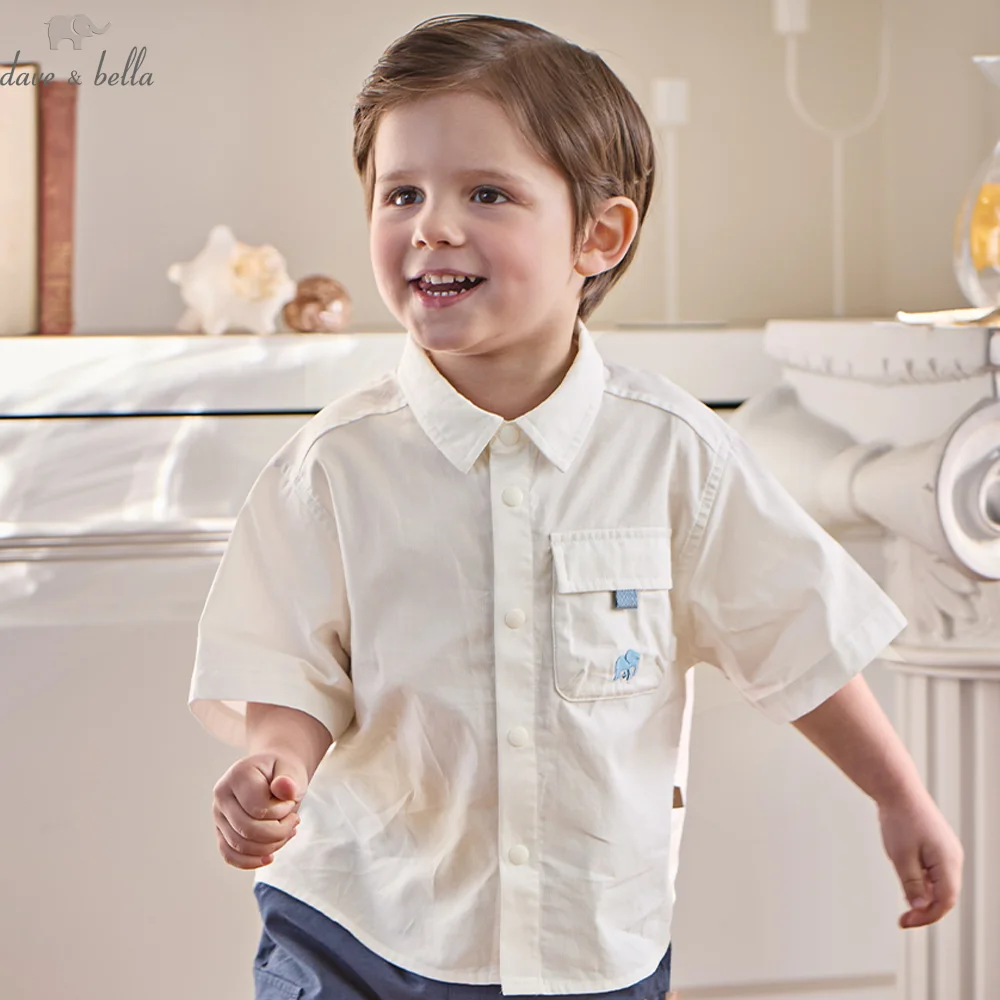 Dave Bella Boys White Shirt Children Summer Blouse Pure Cotton Kids Clothes Cool Soft Elegant Short Sleeve Casual Tops DB2261305