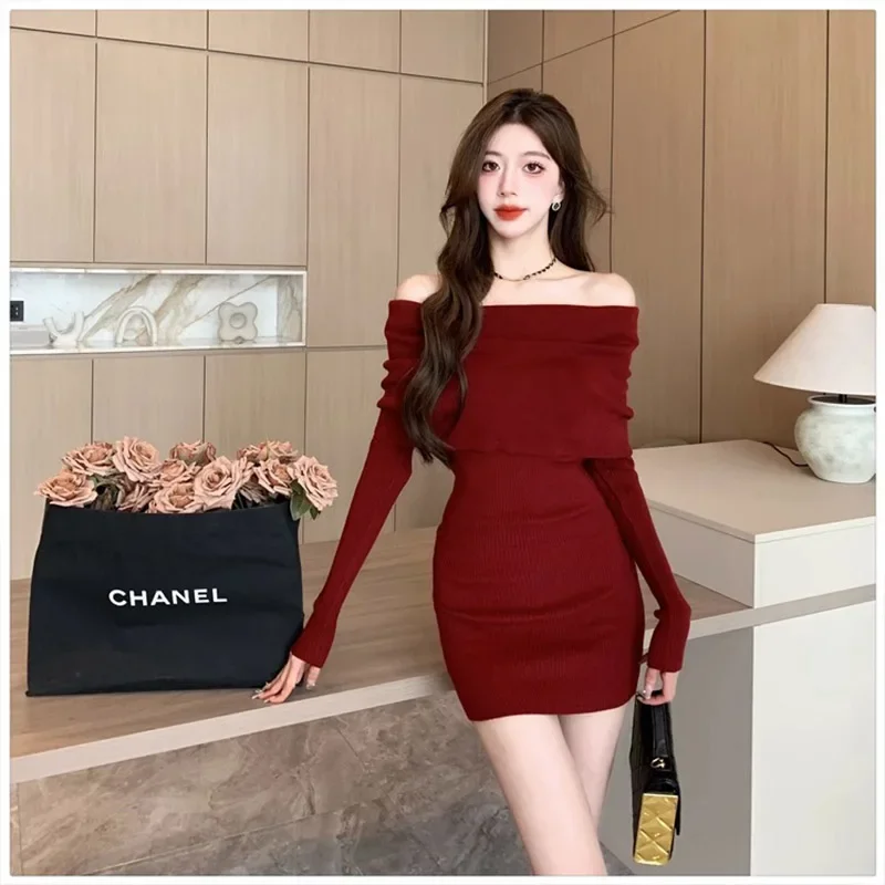 

Autumn Winter Vintage Solid Slash Neck Knitted Dresses Women Clothing Temperament Elegant Commute Soft Wool Tight Dress