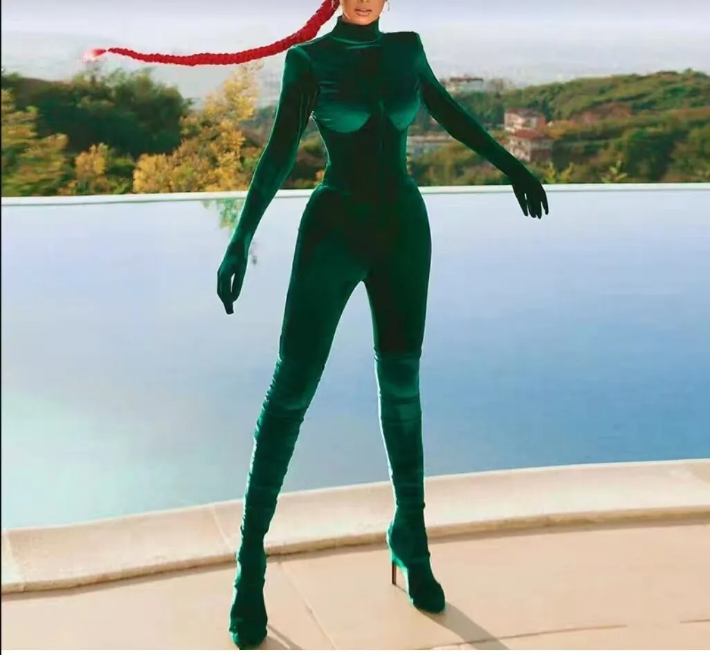 

Sorbern Dark Green Body Suit Long Gloves High Neck High Heel Catsuit Custom To Body Catsuit High Heel Stilettos Legging Boot