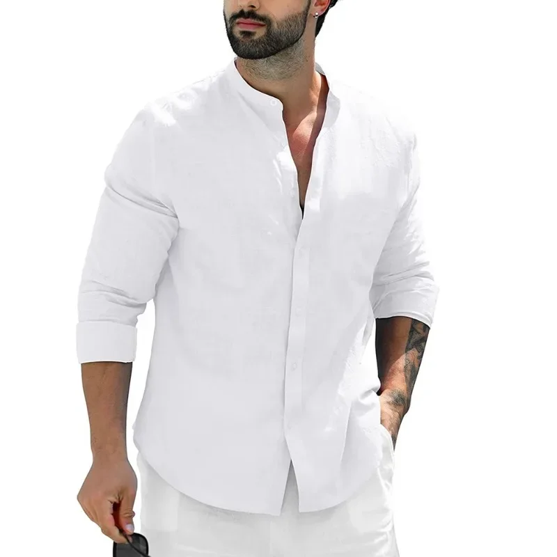 Men\'s Long Sleeve Linen Solid Color Shirt Button-up Shirts Trend Loose Stand Collar Casual Cotton Tops Hawaiian Shirt