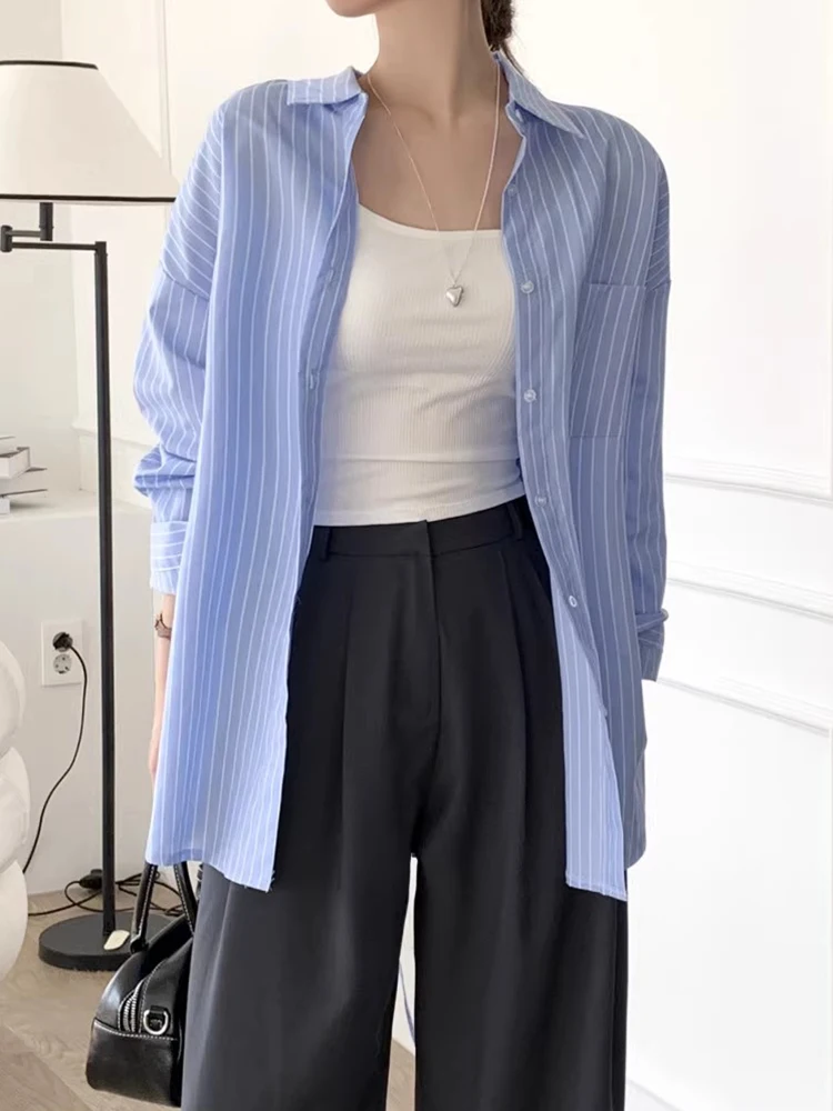 

Chic Casual Loose Long Sve Striped irt Jaet Women's Ba Split Belted Design Autumn New Sle Commute Sle Faion