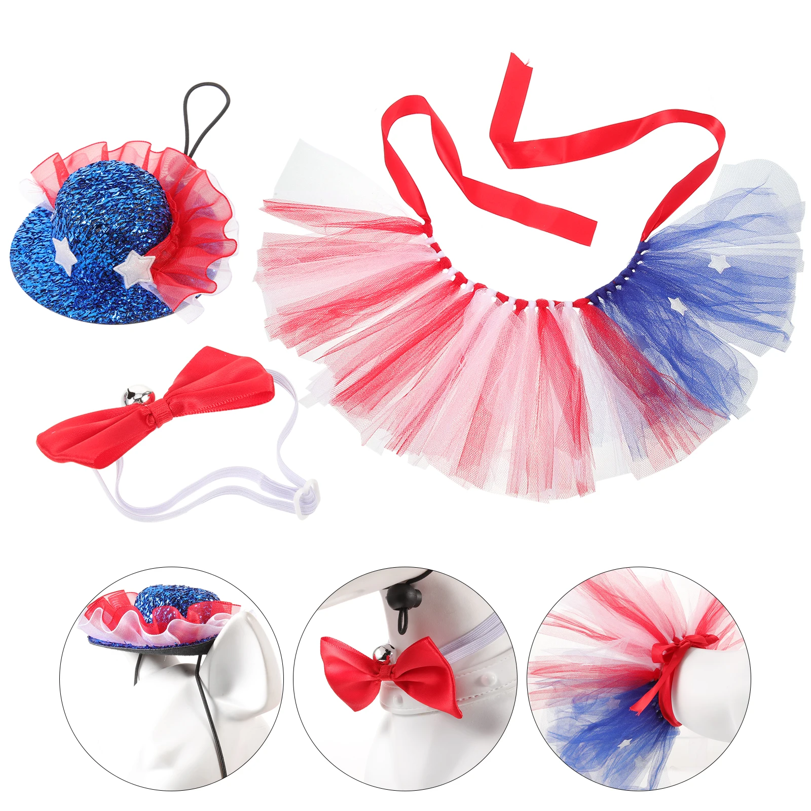 

Patriotic Pet Tutu Dress Set American Flag Dog Cat Costumes Independence Day Yarn Outfit Hat Skirt Bow Tie Lightweight