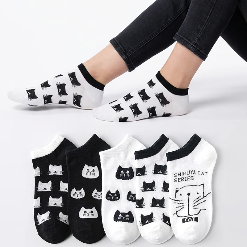 5 Pairs Women Socks Black White Colors Cute Cartoon Cat Short Socks Girls Kawaii Breathable Casual Ankle Socks Calcetines Mujer