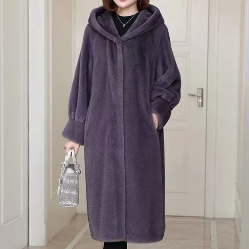 2026 Fashion Winter X-long Mink Fur Coat Women's Faux Fur Overcoat Thicken Hooded Jacket Loose Velvet Fur Outerwear Two Lengths