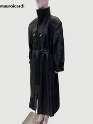 Mauroicardi Spring Autumn Extra Long Cool Black Waterproof Pu Leather Trench Coat for Women Shoulder Pads Zip Up Overcoat 2024