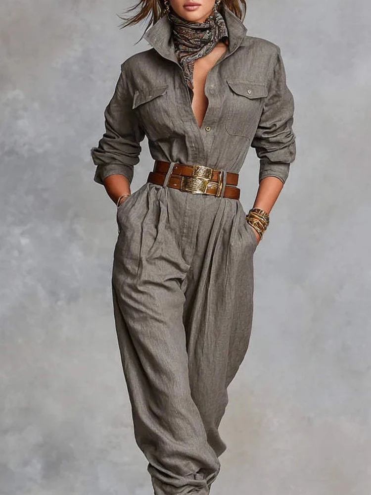 

Винтажные комбинезоны с карманами и высокой талией, повседневные комбинезоны с лацканами и длинными рукавами, осенние женские новые однобортные комбинезоны для поездок на работу