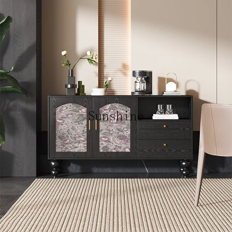 

French retro black and white solid wood side cabinet household kitchen locker