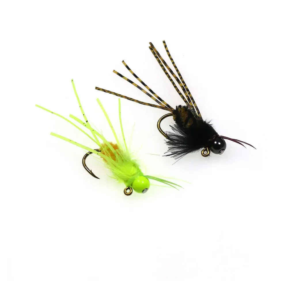 Bimoo 6PCS #4 Brass Bead Head Girdle Bug Jig Fly Grizzly Rubber Legs Fast Sink Stonefly Barbed Jig Hook Wet Trout Fishing Lures