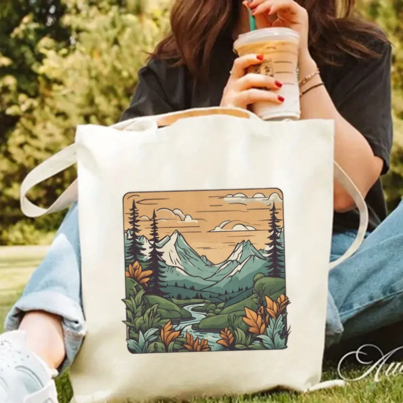 Stylish Mountain River Casual Canvas Tote Bag Vintage Large Capacity Foldable Shopping Bag for Women Gifts Fashion Bags