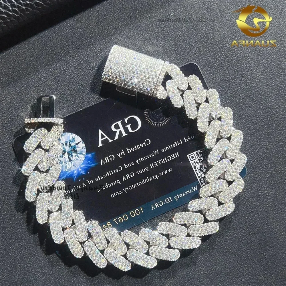 

Hip Hop Style Iced Out 16mm Three Row 925 Silver Moissanite Cuban Link Chain Bracelet for Men