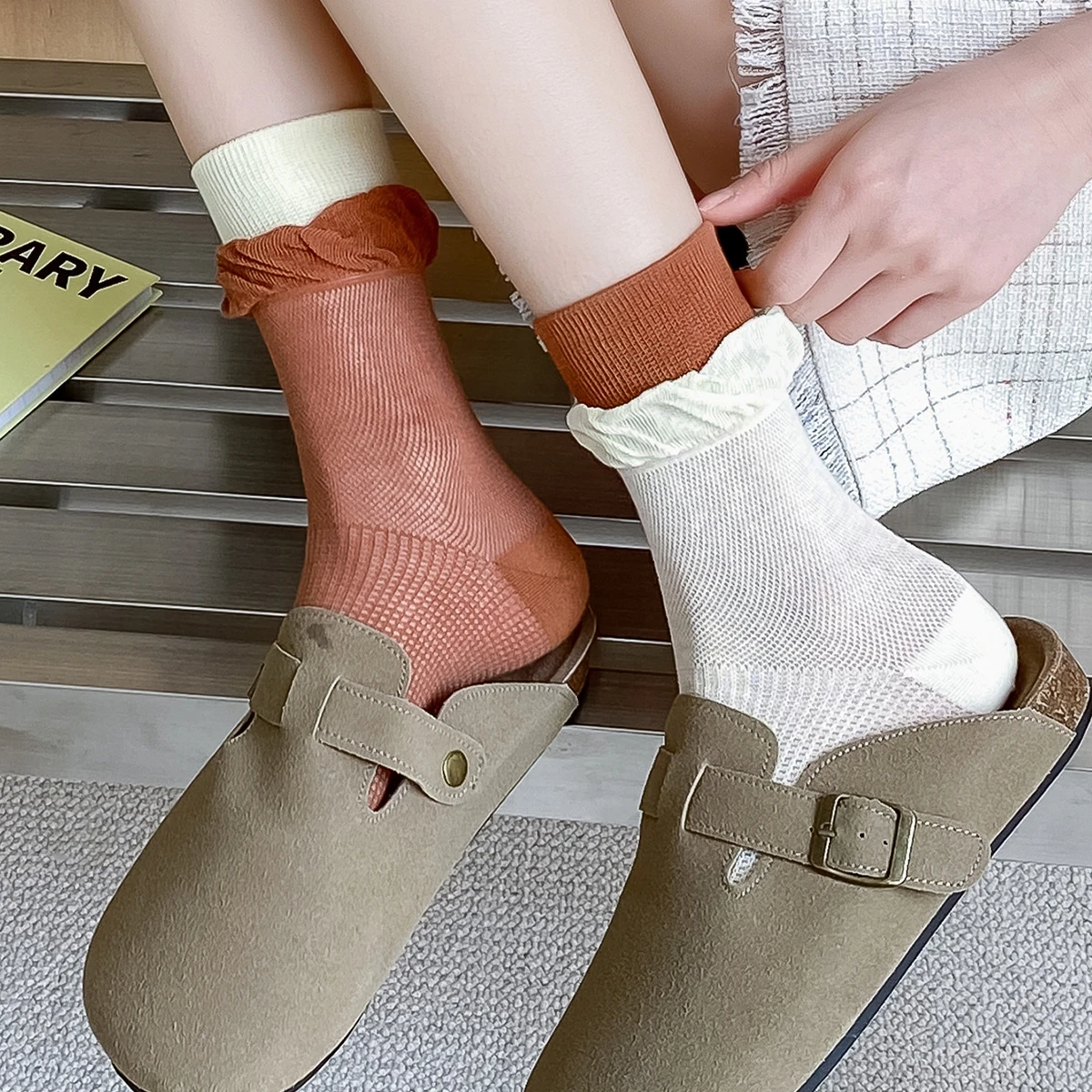 Lacing Ruffle AB Mesh Frilly Thick Kawaii Girls Cotton Short Sanitary Antibacterial Woman Socks Home Party Trendy High Quality