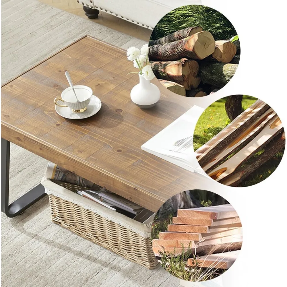 Rustic Wood Coffee Table, Industrial Metal and Real Wood Center Table, Wood Farmhouse Real Solid Wooden Tea Table