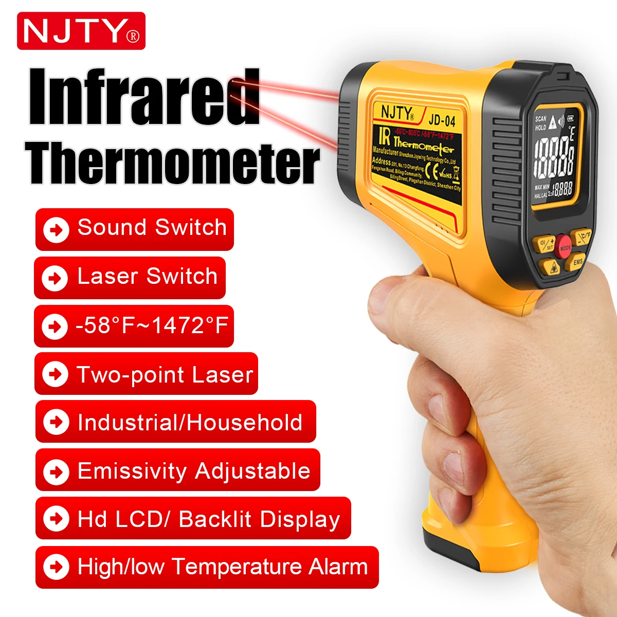 NJTY JD04  Infrared Thermometer Professional Industrial Temperature Measure Tool Non-Contact Temp GUN 800℃ 1500℃ High Temp Alarm
