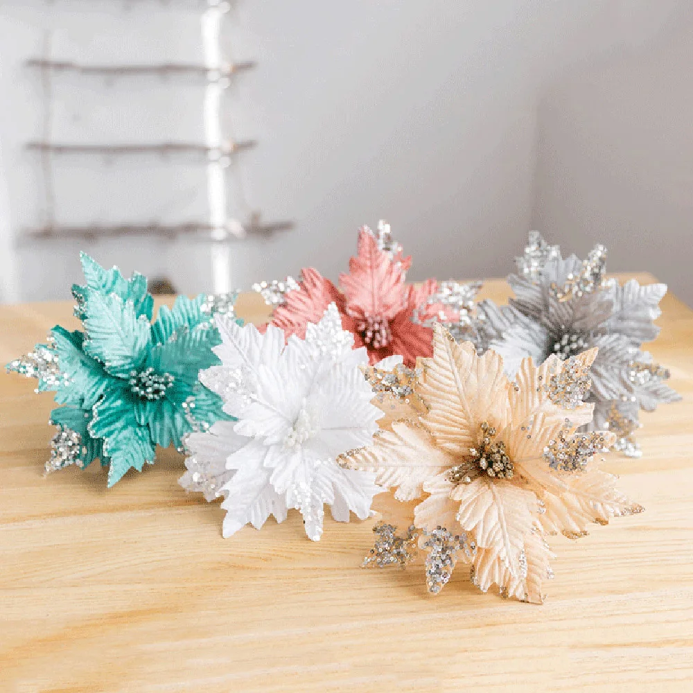 Artificial Flowers Glitter Decoration DIY Home Christmas Flower Head Wedding Decoration Christmas Tree Decor