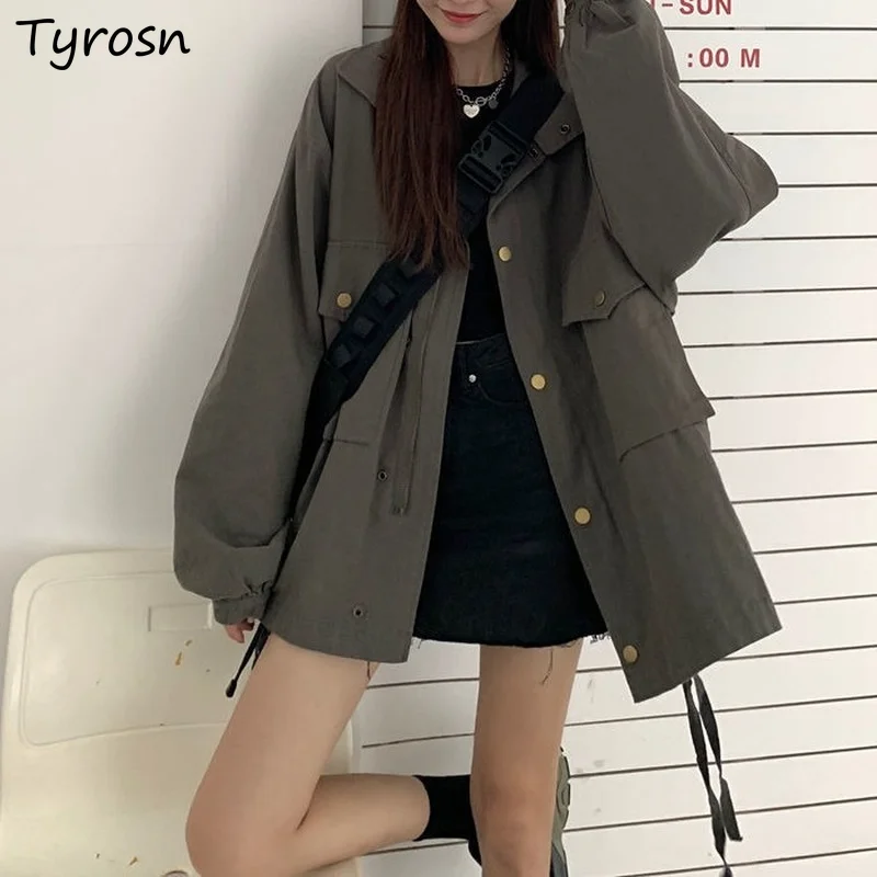 Basic Jackets Women Solid Fashionable Simple All-match Streetwear Vintage Safari Style Clothes Bf High Street Hipsters Coats