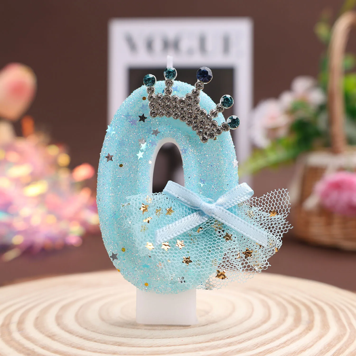 Light Blue Number Candles - Crown Net-Silk Bow Candles, Birthday Commemorative Candles, Party Small Gifts