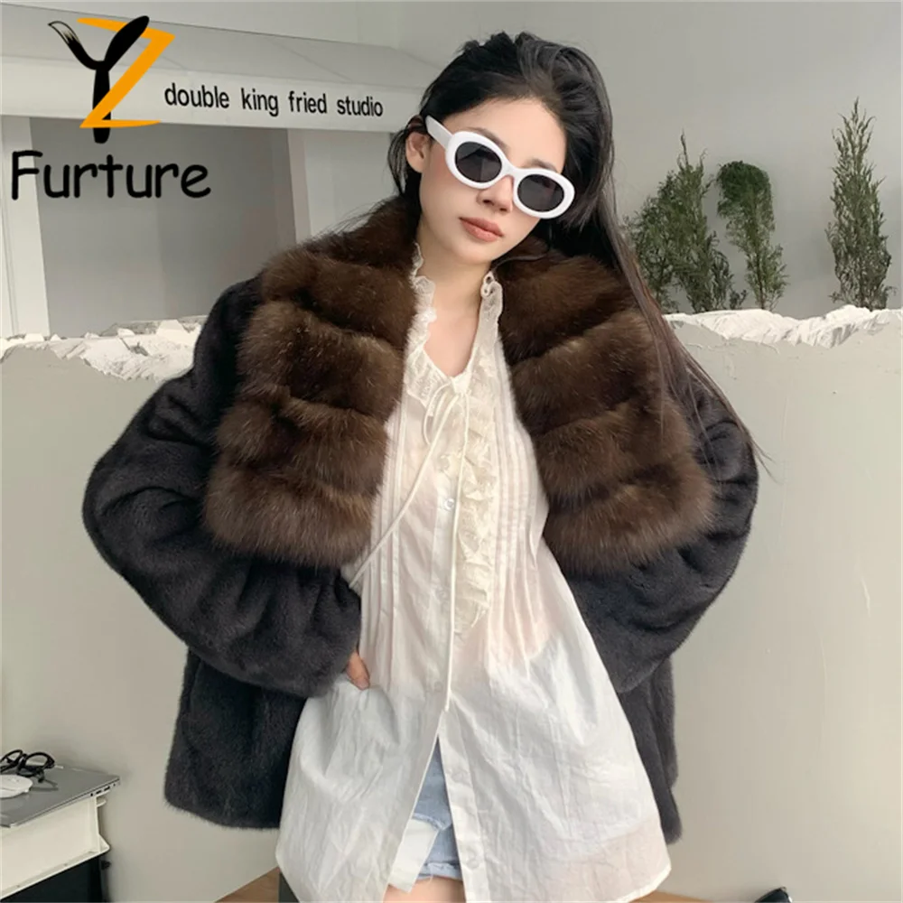 YZ Real Mink Fur Coat Winter Women New Fashion High Grade Lapel Sable Fur Women Coat Thick Warm Real Mink Fur Jackets Femal 2024