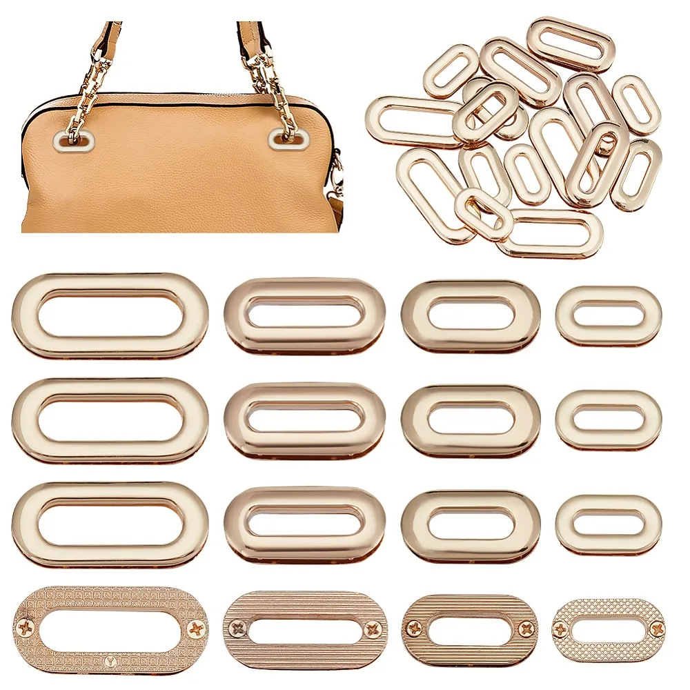 16Pcs 4 Style Zinc Alloy Screw-in Grommet Eyelet Findings for Bag Making Oval Light Gold 2.55~4.35x1.4~1.9x0.55~0.65cm