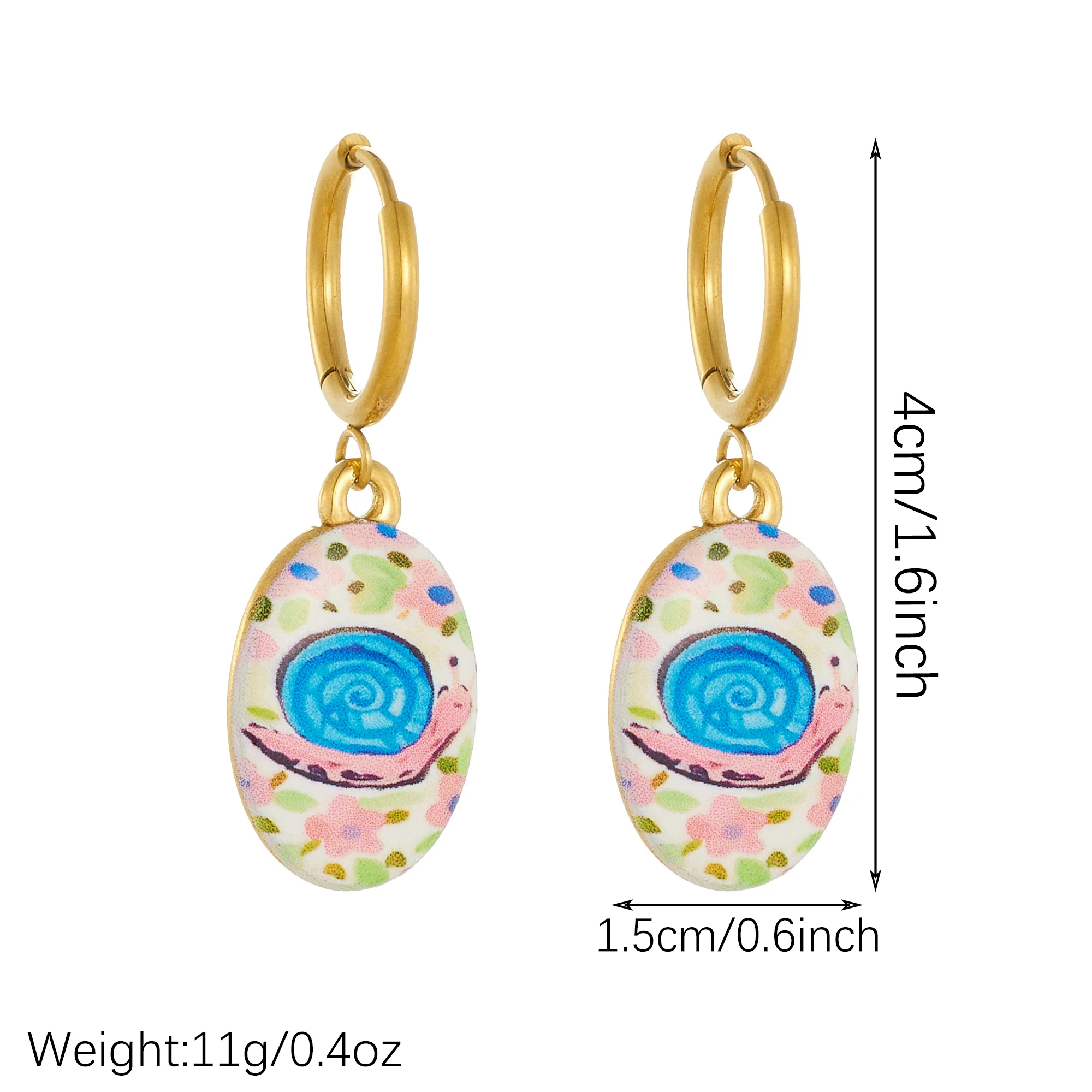 DIEYURO Stainless Steel Colorful Enamel Cute Snail Floral Print Oval Charm Drop Earrings For Women Fashion Jewelry For Women