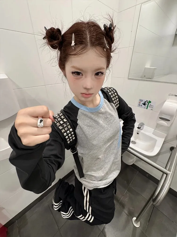 

American Sle Long Sve T-irt Women Spring Autumn Pure Cotton round Ne Splice Color Base irt Moisture ng Commute