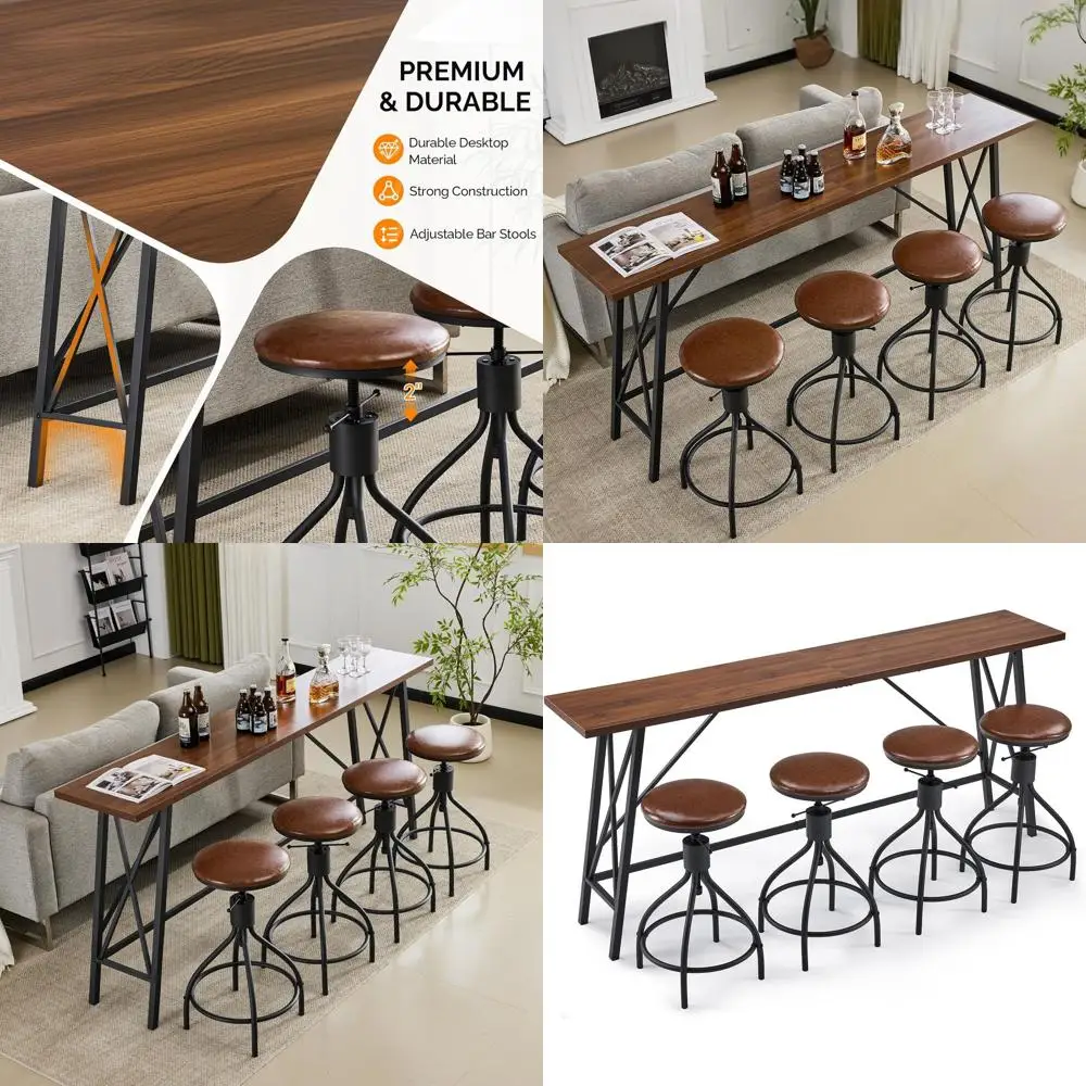

84-inch Wooden & Metal Bar Table Set with Stools, Ideal for Kitchen Island or Home Bar