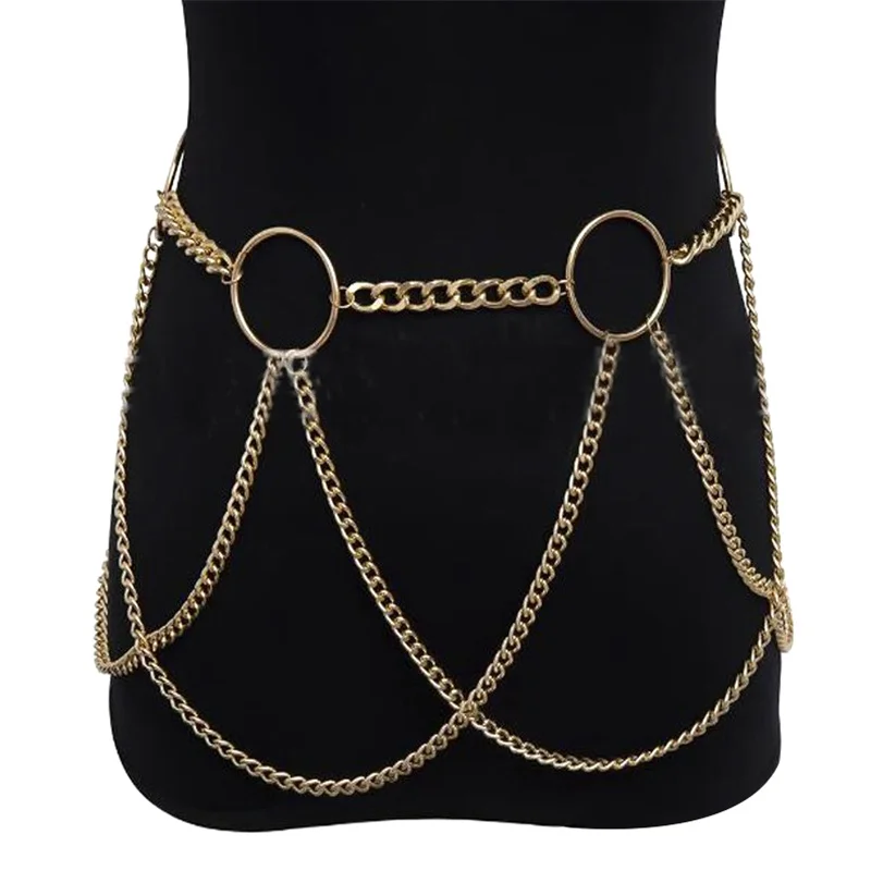 Luxury Metal Waist Chain Gold Plated Belt Sexy Punk Body Chain Exaggerated Chain Tassel Geometry Ring Women Girls Designer Belts