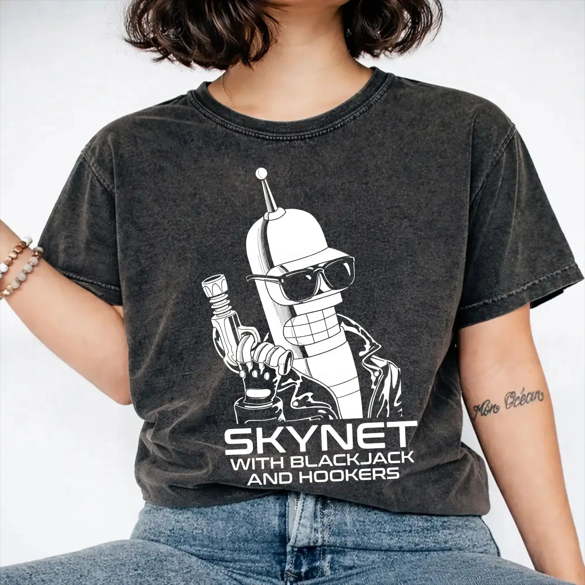 Summer Skynet With Hookers and Blackjack Futuramas Benders Washed Shirt Outfit Harajuku T-Shirt  Men Women Tee