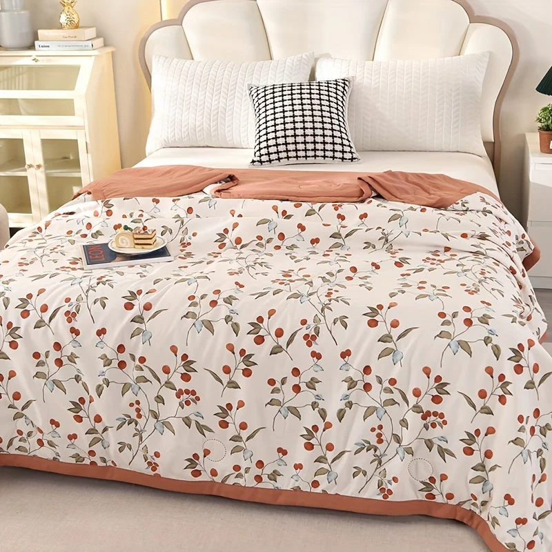 Summer Cooling Quilt - Lightweight, Soft, Breathable Floral Design For Bedroom, Guest Room & Travel - Easy Care, Machine Washabl