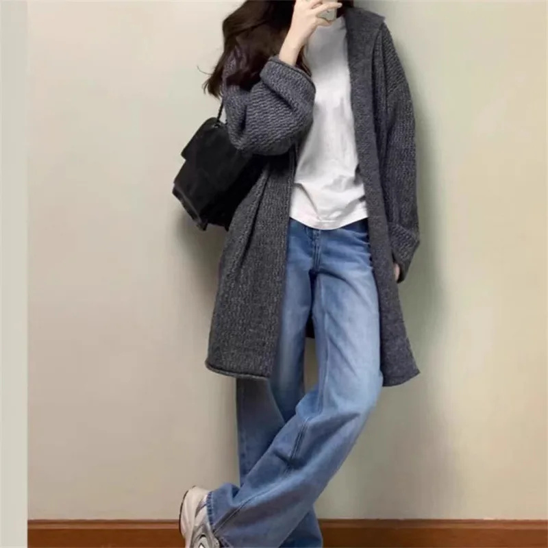 

Gray Mid-Length Hooded Sweater Coat Women, Autumn And Winter Korean Style, Elegant Loose Fit, Relaxed Knitted Cardigan